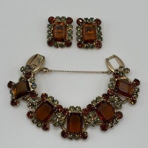 Juliana Elster & DeLizza VTG Smoky Topaz Rhinestone Bracelet and Earrings Set